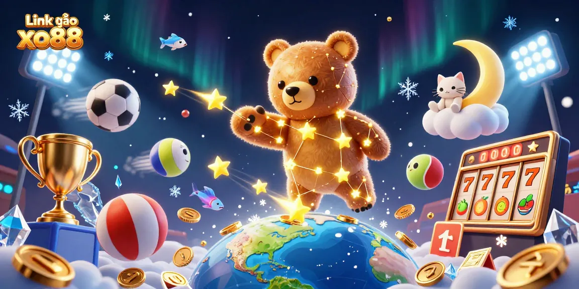 Engage with "Link vào xo88" through this vibrant 3D casino illustration featuring a constellation bear and dynamic game elements.