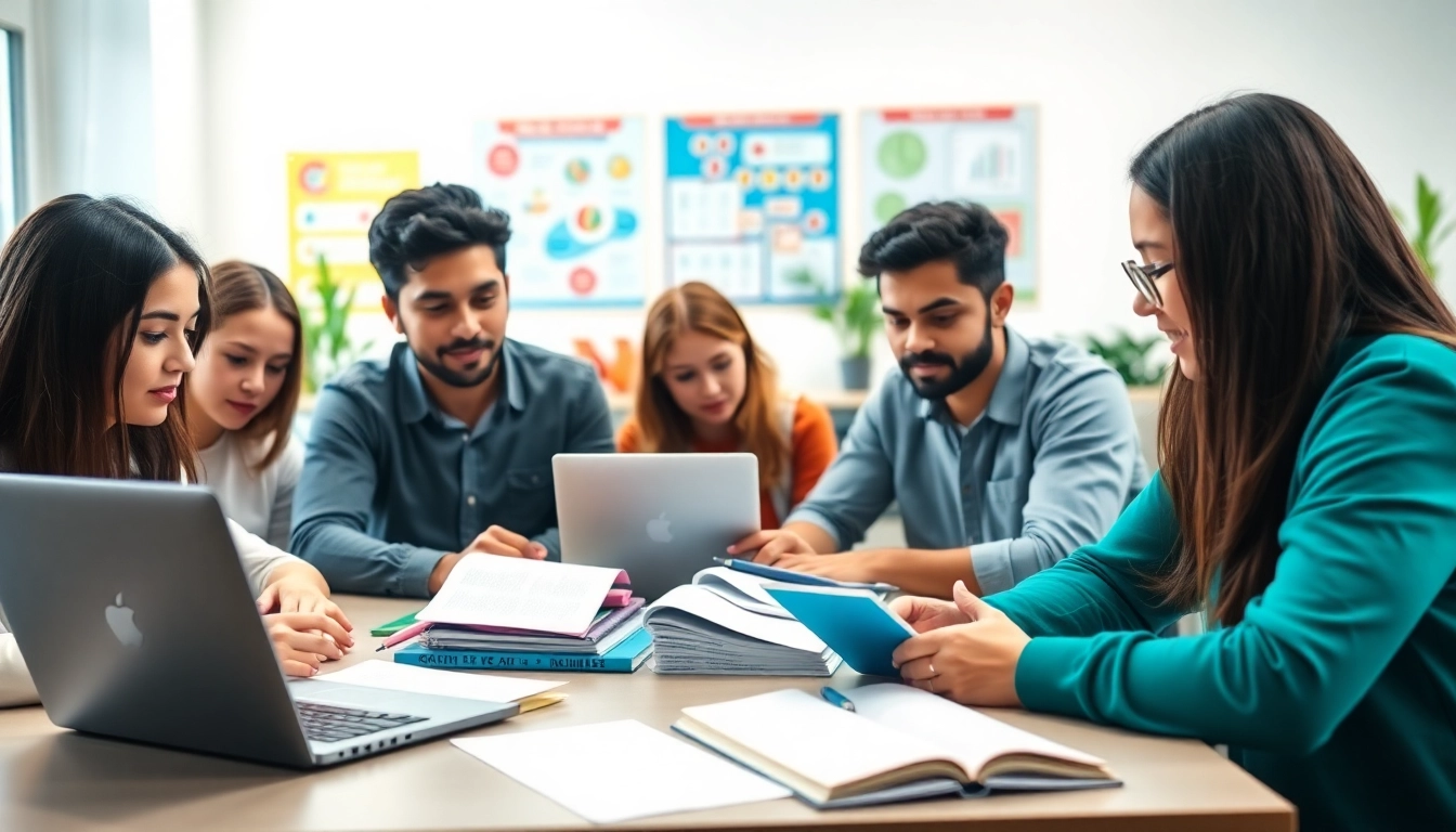 Engaged TOEFL test takers for hire collaborating in a bright classroom environment.