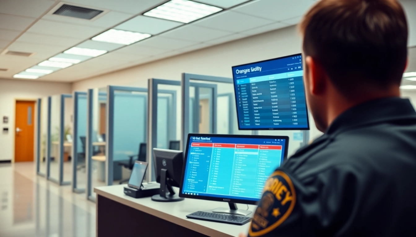 Capture of orange county jail inmate booking information on a digital system with law enforcement officer interacting.