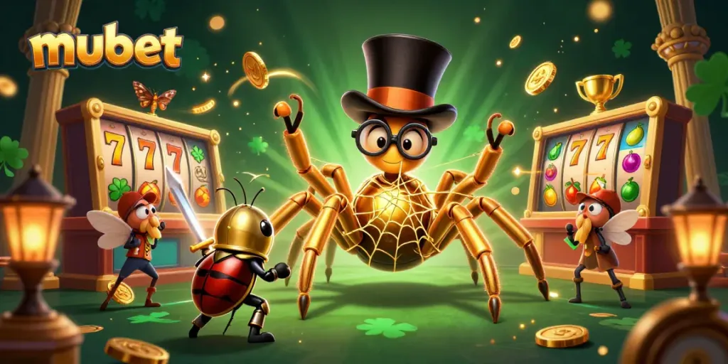 Engage in the world of mubet with a dynamic casino scene featuring a golden tarantula, a knight, and slot reels.