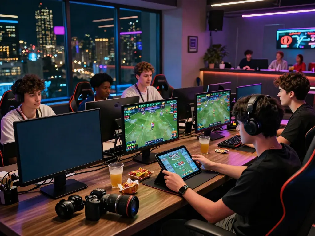 Exciting scene of players engaging in sports betting at https://playsv88.net/ with dynamic gaming atmosphere and modern lounge.
