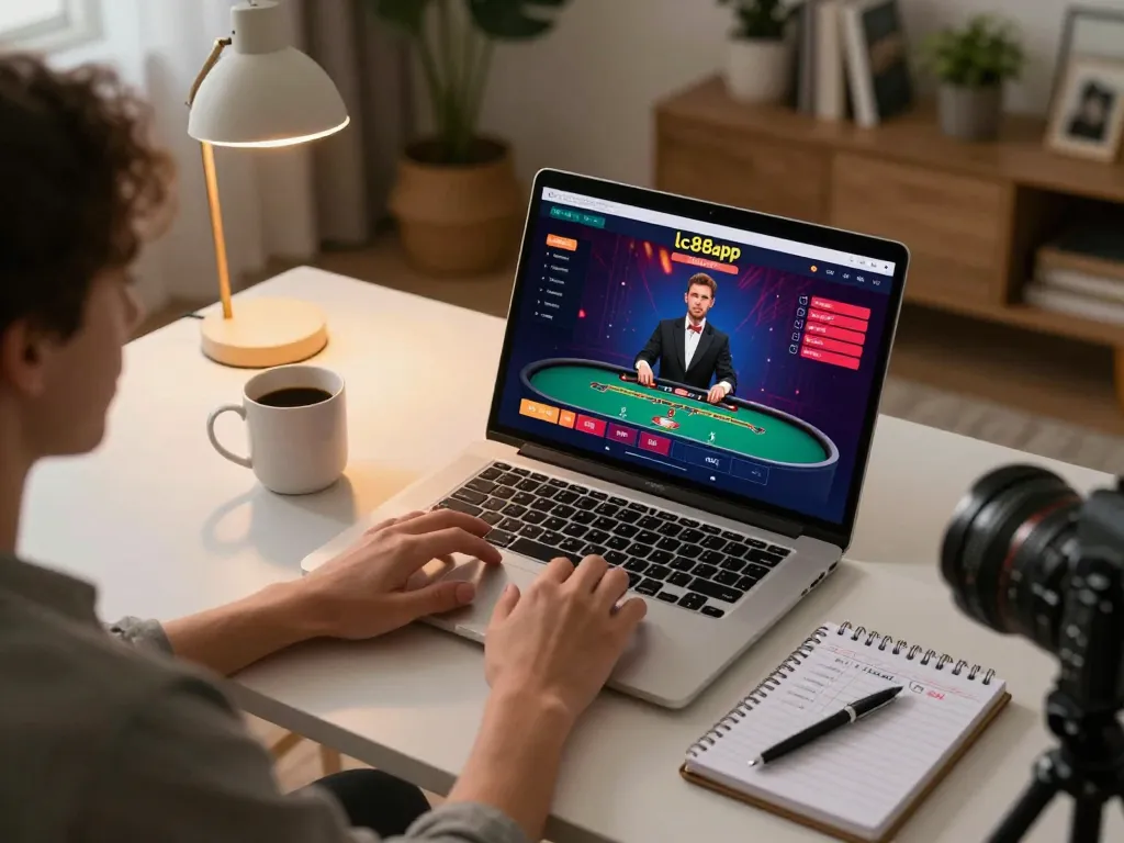 Engaged player enjoying live dealer games on lc88app with stylish home setup