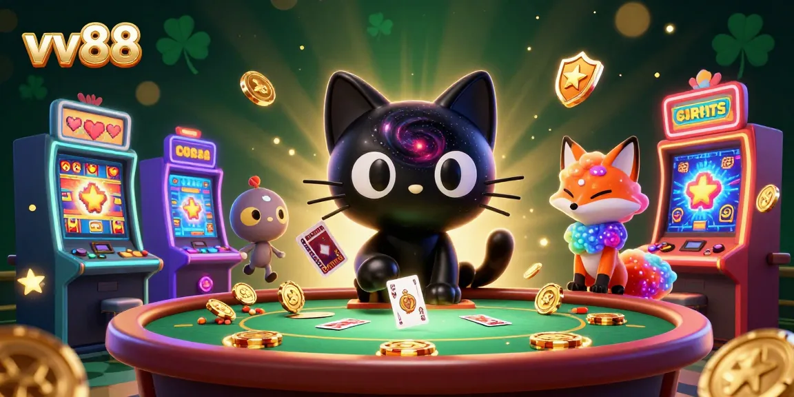 Win big with vv88 at a vibrant casino table featuring a cosmic cat and fox.