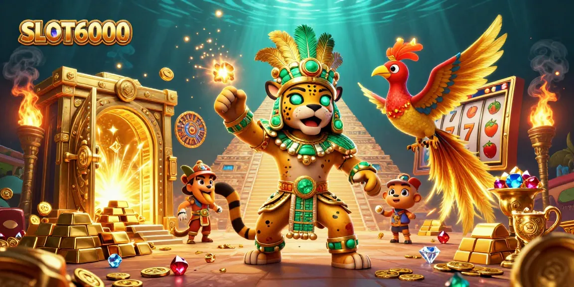 Engage with SLOT6000 through exhilarating gaming elements featuring treasures, characters, and vibrant illustrations.