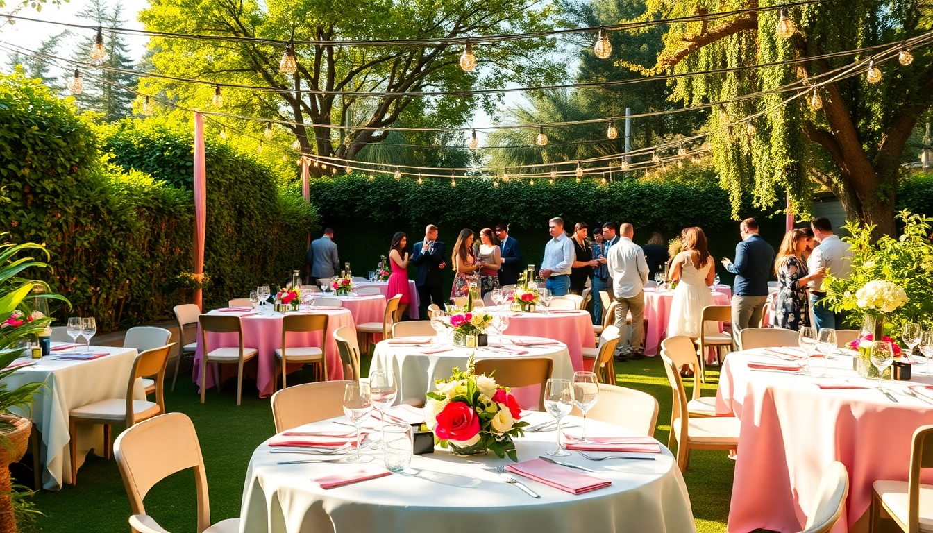 Stunning outdoor party rentals setup showcasing tables adorned with colorful decorations.