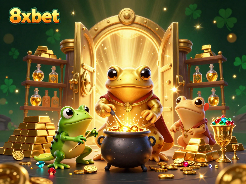 Experience thrilling casino action with 8xbet's enchanting 3D golden alchemist scene.