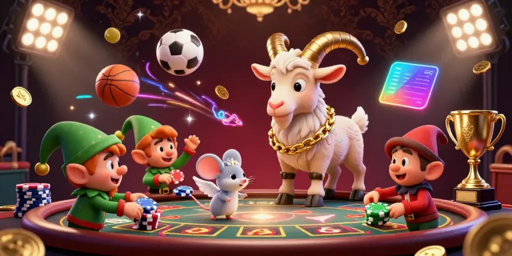 Experience the thrilling atmosphere of tg88 casino with festive characters and dynamic sports elements.