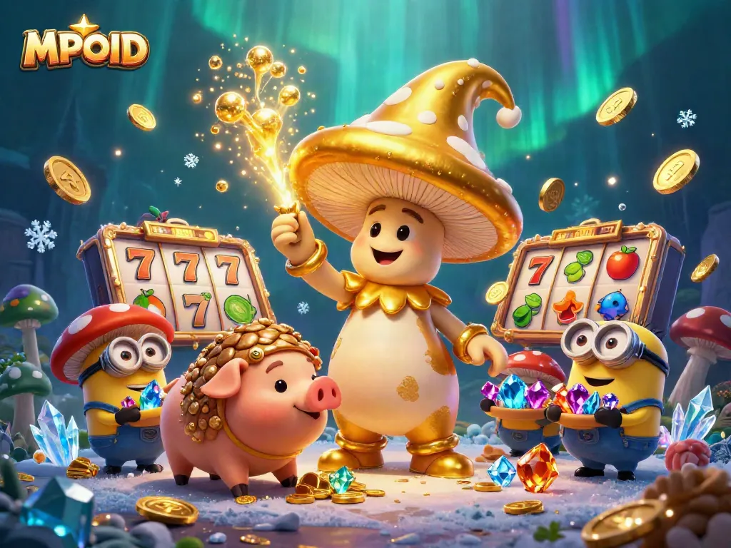 MPOID showcases a golden wizard and treasures amid vibrant slot games, enhancing your online gaming experience.