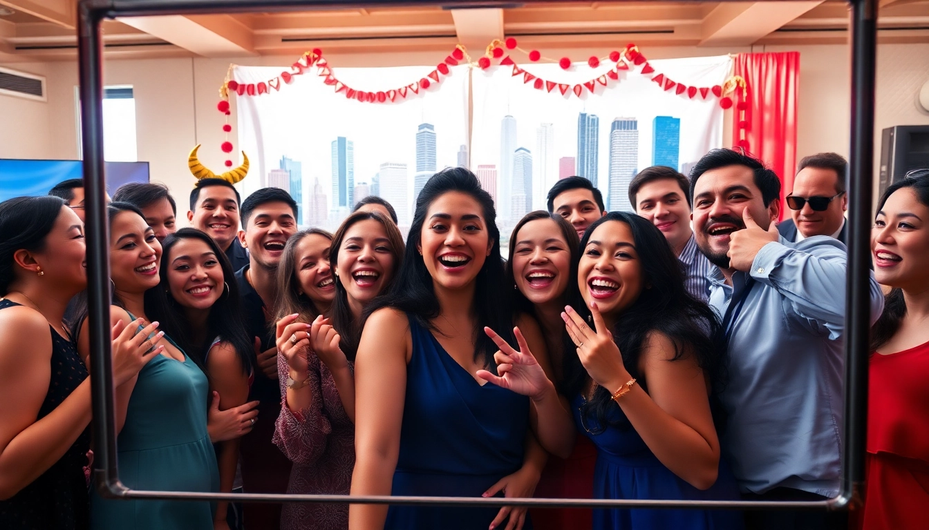 Capture joyful moments at a photo booth rental chicago event with cheerful guests and a vibrant backdrop.