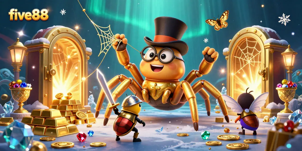 Engage in adventure with five88's vibrant casino scene showcasing a dynamic gold web and treasure