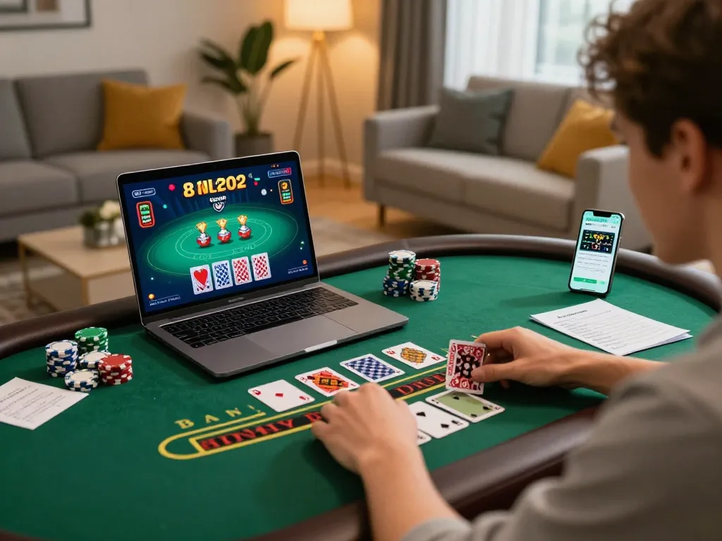 Engaging in live dealer blackjack on NK88, showcasing a stylish home gaming setup with strategies.