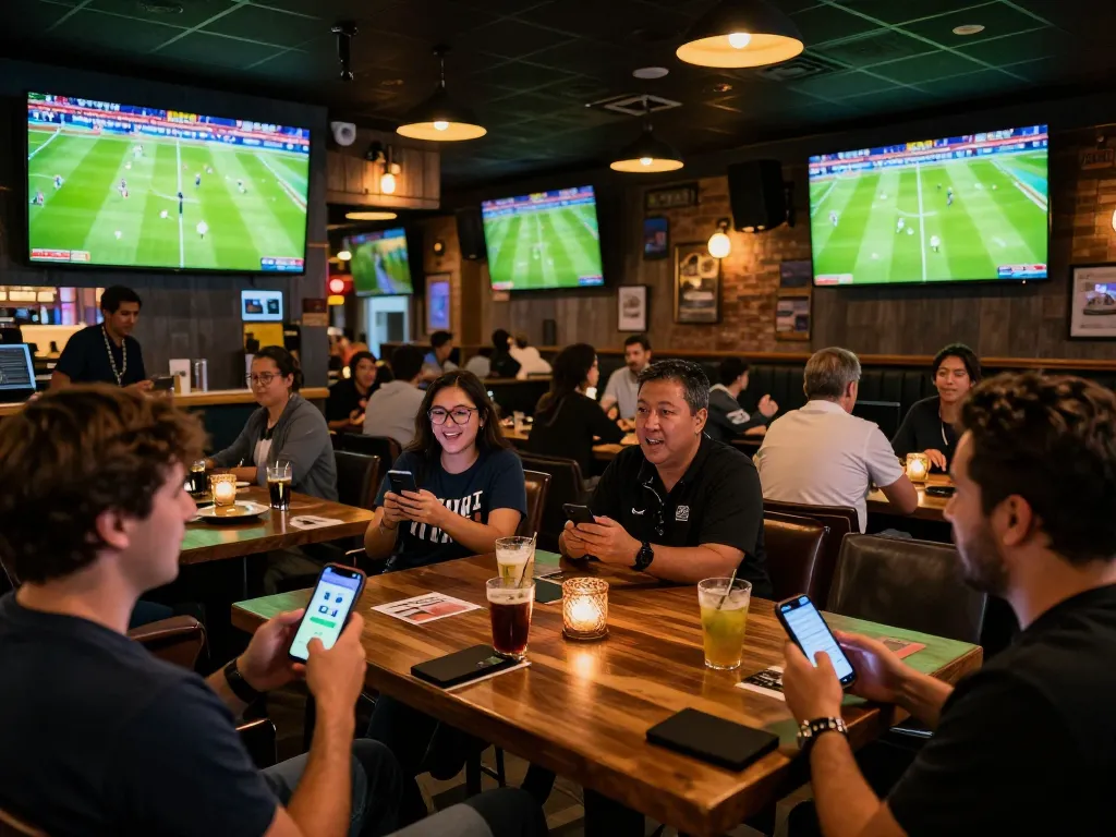 CAKHIATV users actively betting on football matches at a bustling sports bar