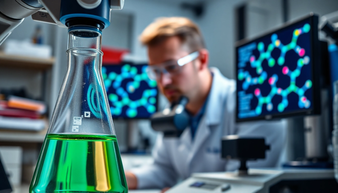 Researchers examining peptides in a vibrant lab setting with advanced equipment.