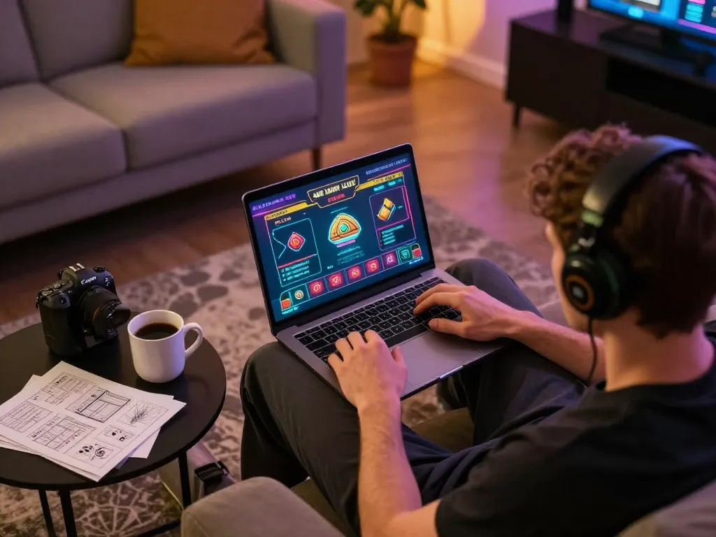 Link 79king as a player enjoys online casino games in a cozy home setup with vibrant interface.
