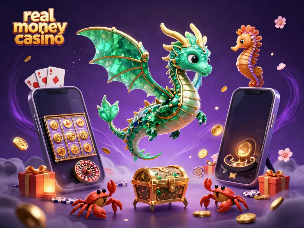 Experience the thrill of a real money casino with our vibrant illustration showcasing colorful slots, cards, and a majestic sea dragon.