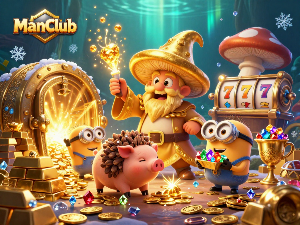 ManClub showcases a magical scene with a golden mushroom wizard and treasures scattered around