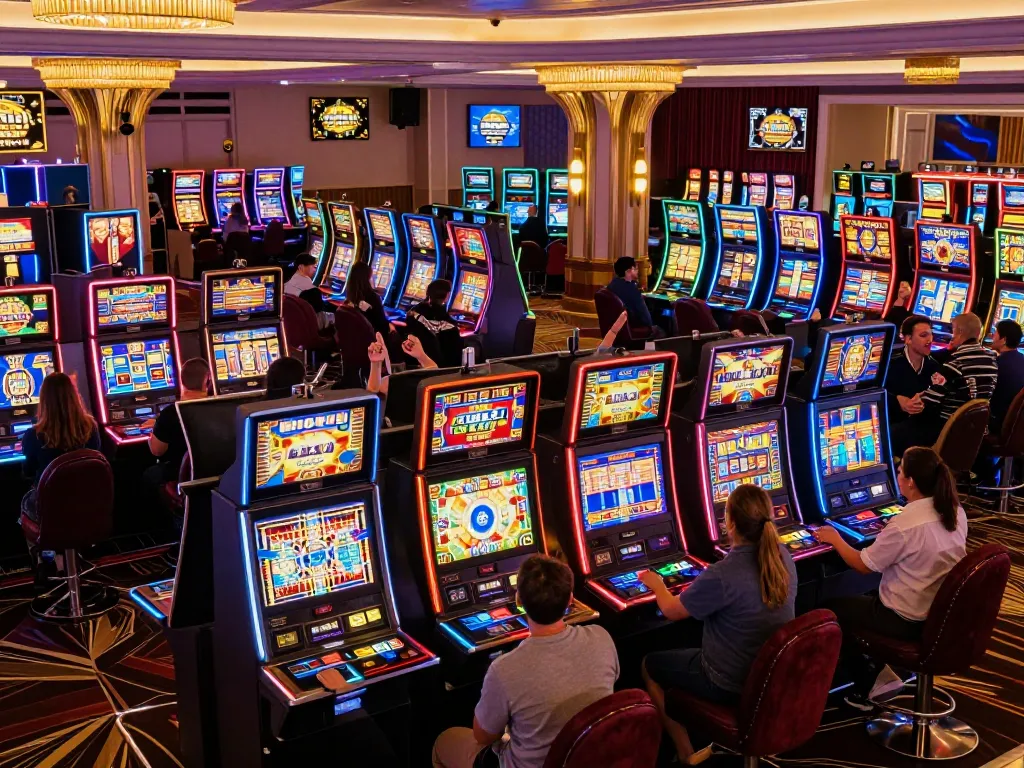 Players enjoying various SLOT machines in a lively casino atmosphere, celebrating wins and engaging with vibrant displays.