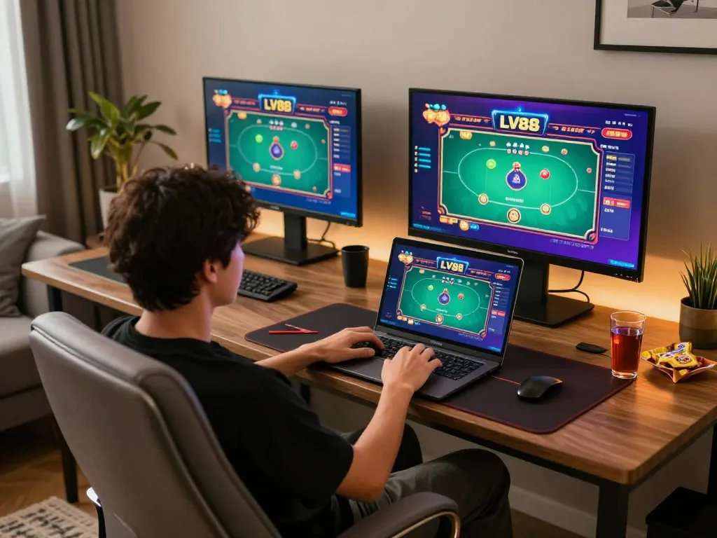 Playing online poker at LV88 with intense focus and vibrant game display.