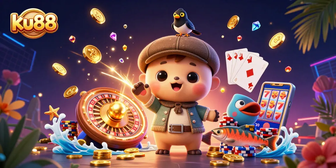 Unleash excitement at ku88 with a playful Nessie in vibrant 3D casino illustration.