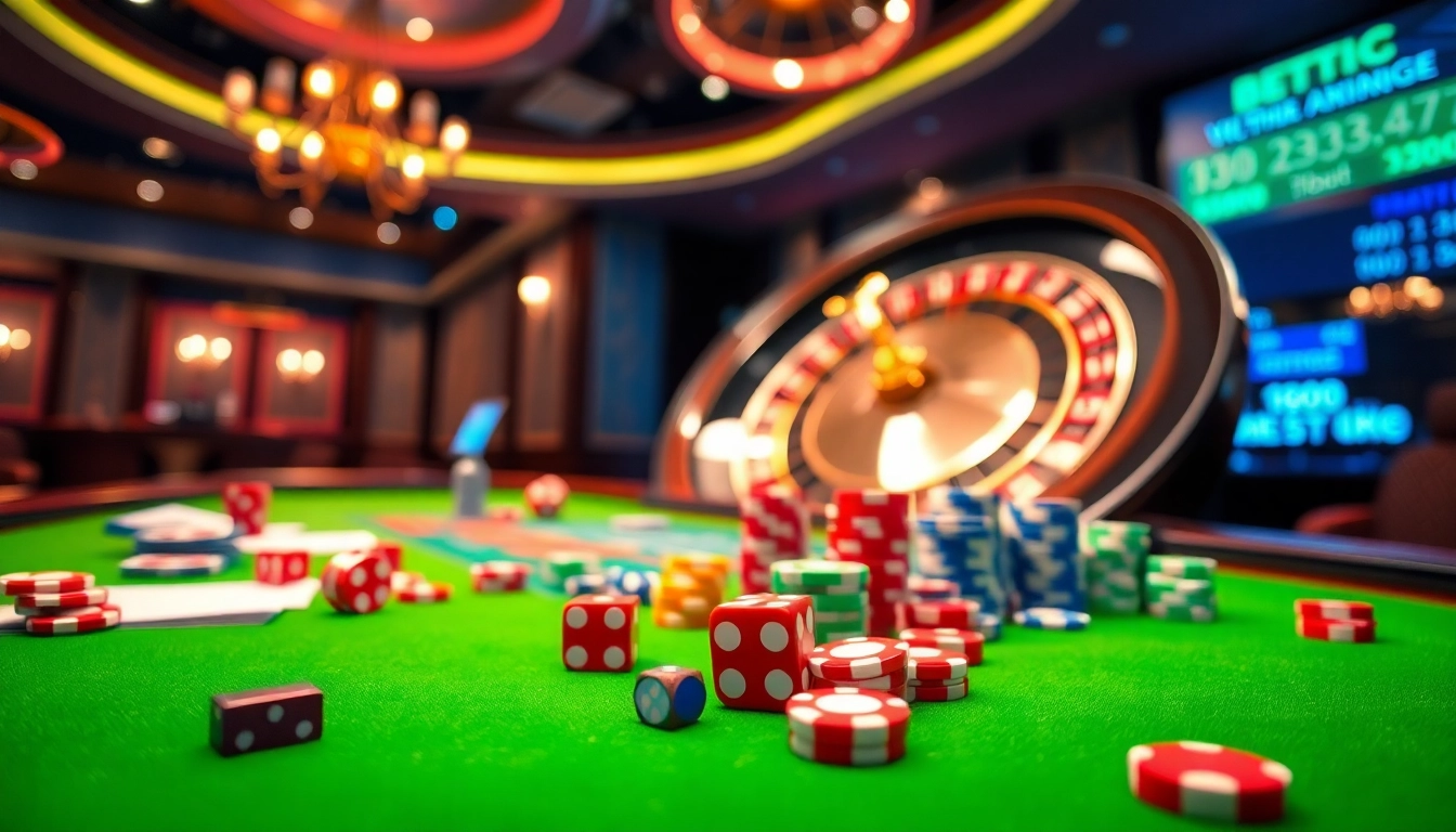 Kèo nhà cái 55 betting scene with vibrant poker chips and roulette wheel capturing casino excitement.