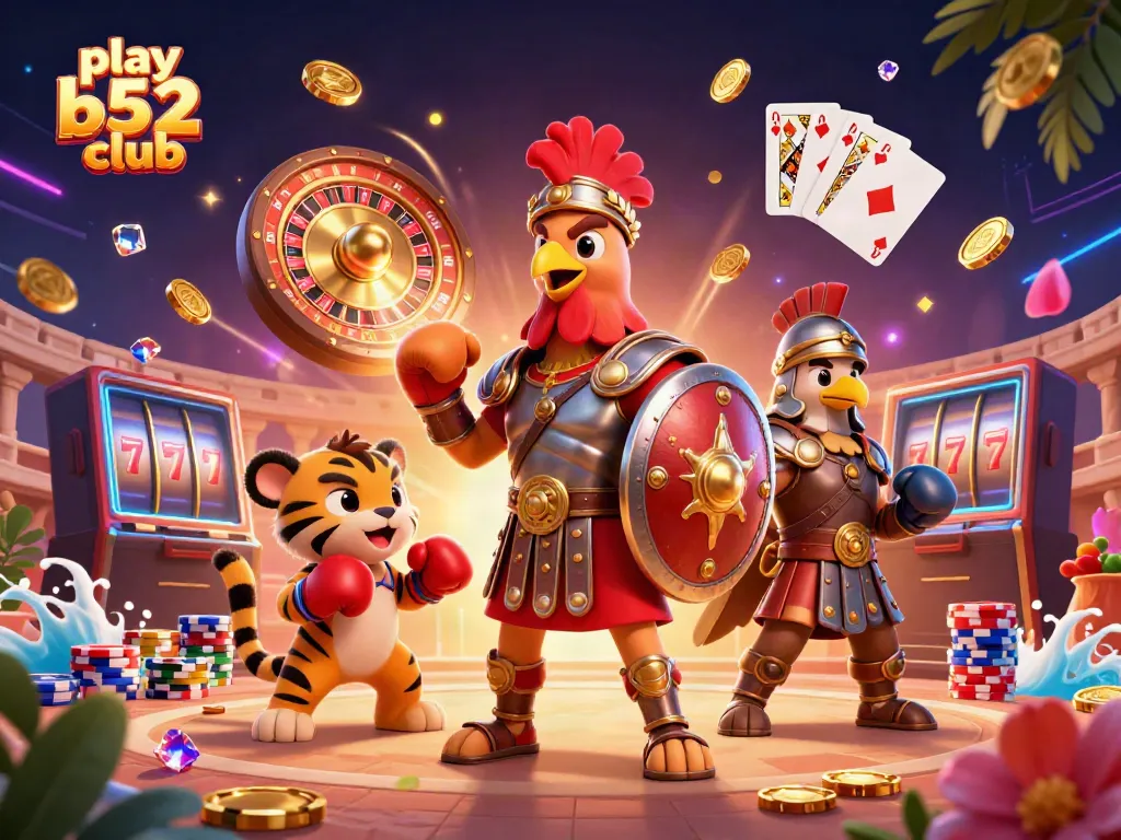 Play B52 Club with thrilling 3D gaming elements and vibrant visuals in a dynamic casino illustration.
