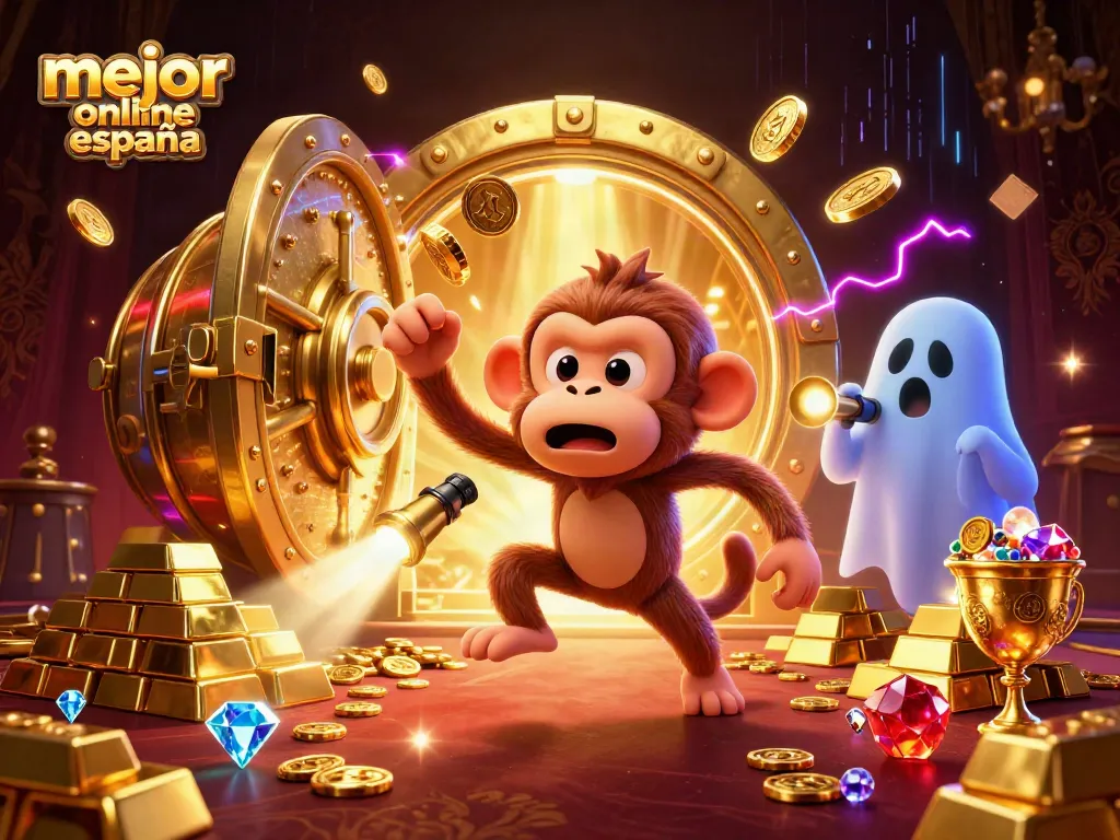 La ilustración muestra un mono poltergeist y un cachorro cazador de fantasmas en el mejor casino online España.