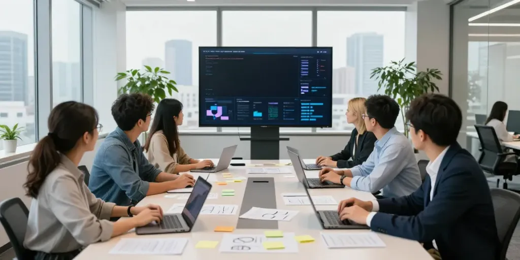 Diverse team collaborating in a modern workspace on Enterprise AI solutions, showcasing teamwork and innovation.