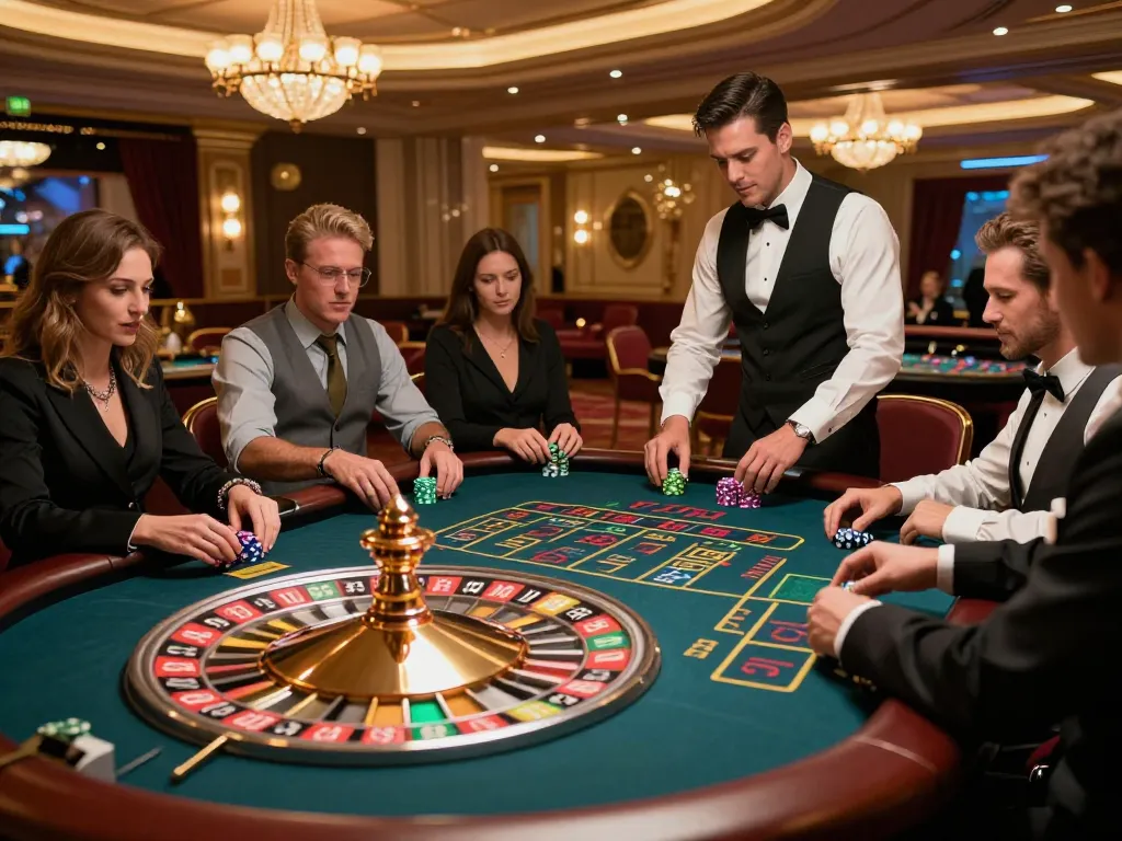 Engaged players at TG88 roulette table placing bets in a vibrant casino atmosphere.