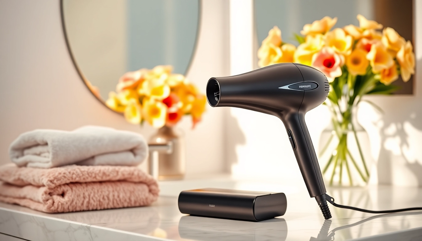 Efficient ionic blow dryer on a chic bathroom counter surrounded by elegant decor.