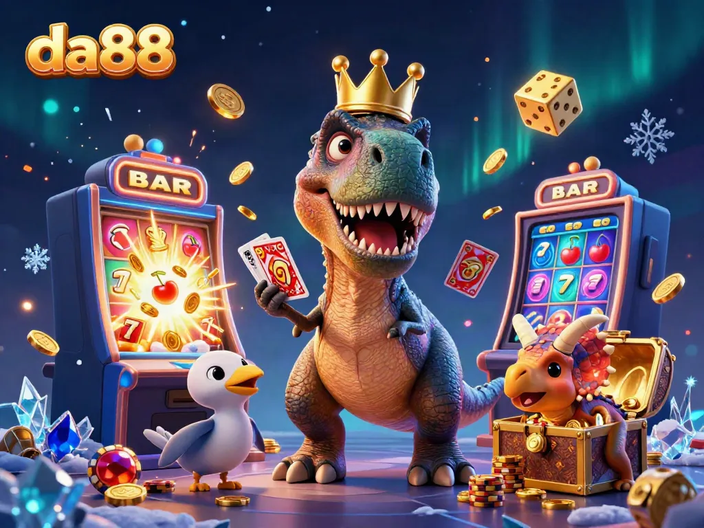 Join the fun at da88 with a playful dinosaur dealer and exciting casino elements.