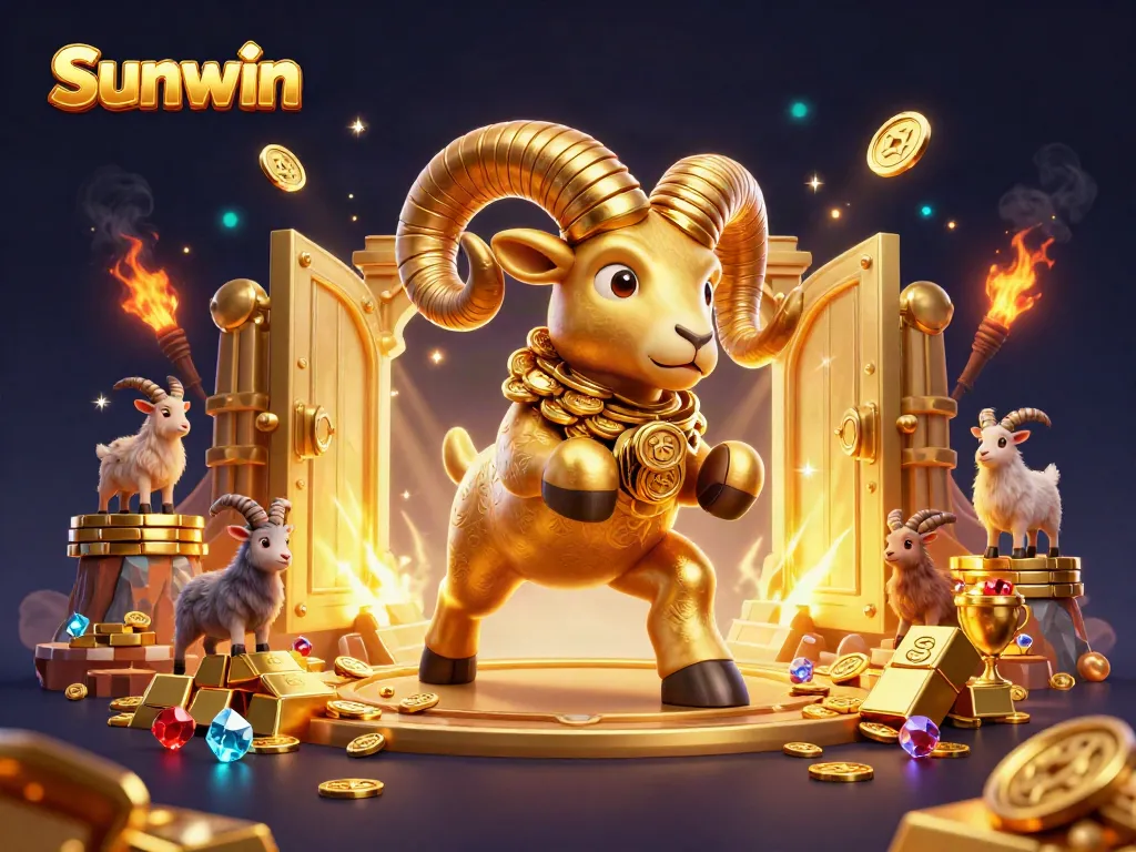 Experience thrill with Sunwin's lively golden ram charging through a treasure-filled casino scene.