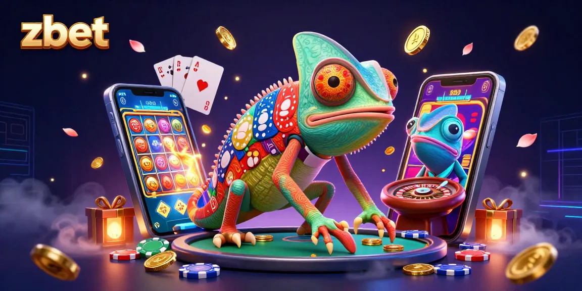 Experience the thrill of zbet with a colorful 3D casino scene of a chameleon owner and vibrant slot games.