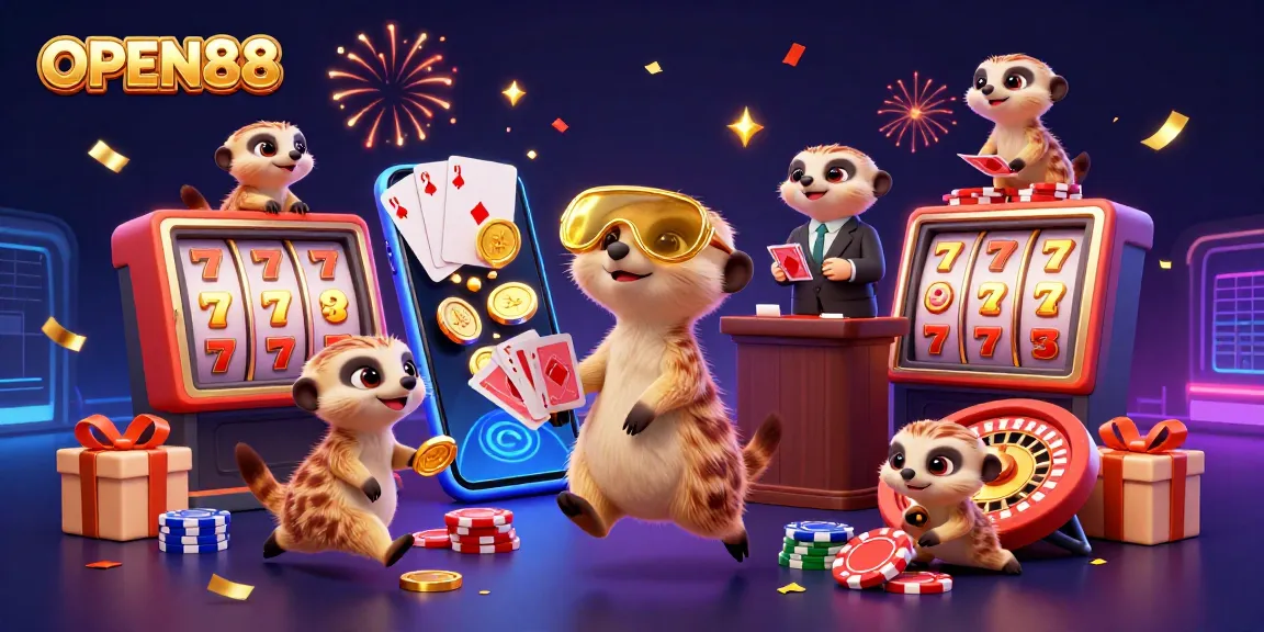 Engage with thrilling gameplay at OPEN88, featuring lively meerkats managing a vibrant casino setup.
