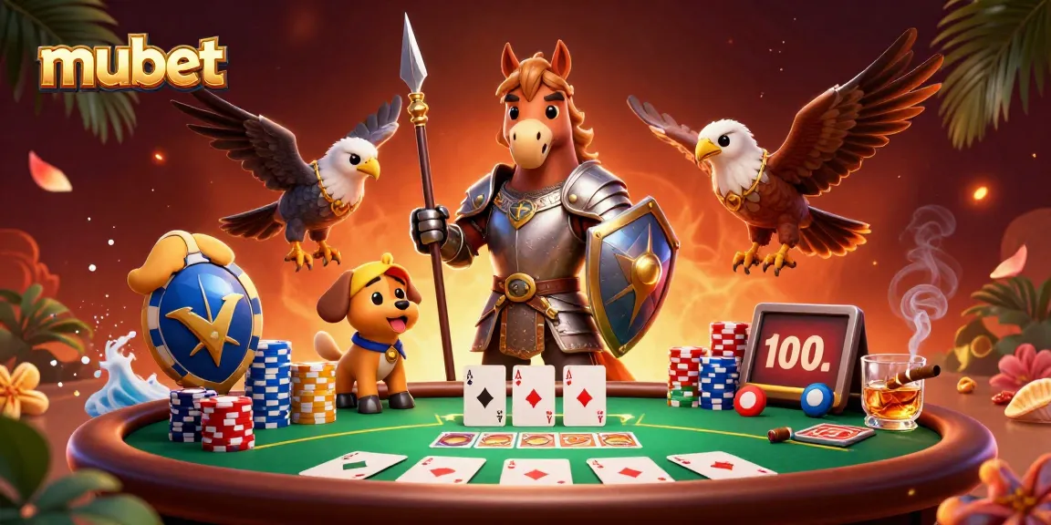 Play exciting poker at mubet with a knight and puppy in a vibrant casino scene.