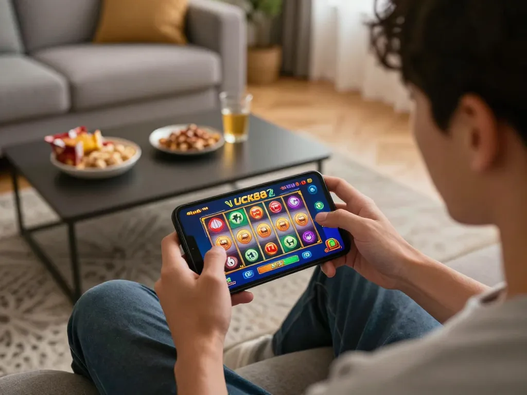 Engaging in luck88 slot gameplay on a mobile device in a cozy home environment.