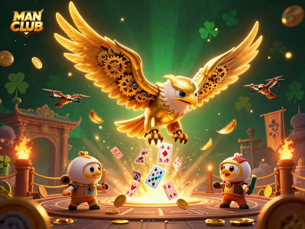 MAN CLUB gathers dynamic gaming elements in an exciting 3D casino scene with golden eagle and holographic cards.