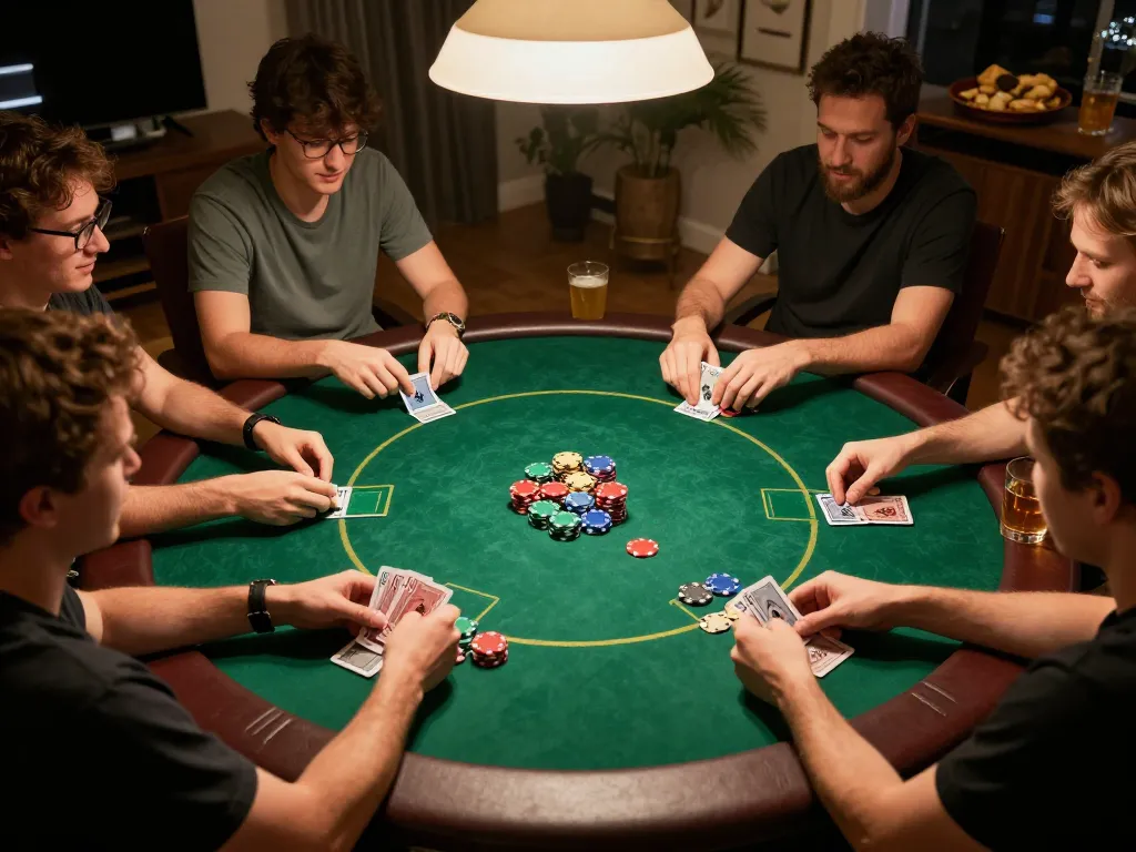 Engaged players enjoying a strategic poker game at home with Nhà cái OPEN88 atmosphere