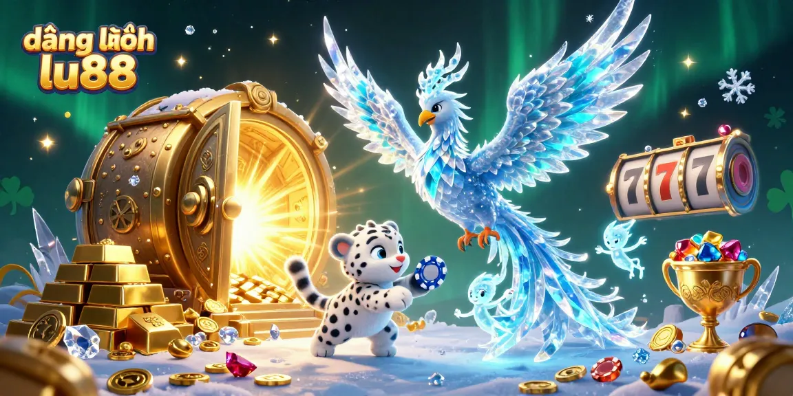 Engage in exciting gameplay at đăng nhập lu88 with a magical ice phoenix, poker chips, and shimmering treasures.