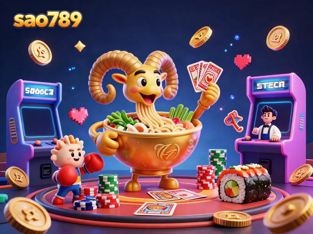 Engage with sao789’s vibrant gambling world featuring a giant golden ramen bowl dealer, colorful arcade elements, and dynamic visuals.