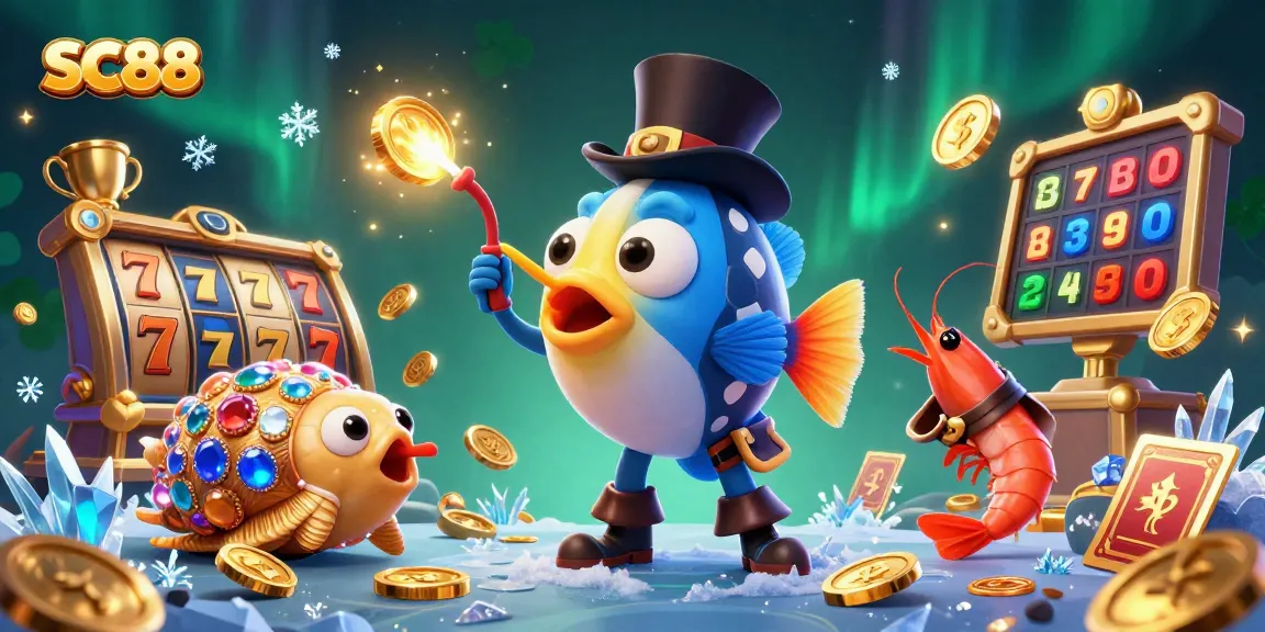 Engage with exciting SC88 slots featuring vibrant characters and shimmering casino elements in a lively scene.
