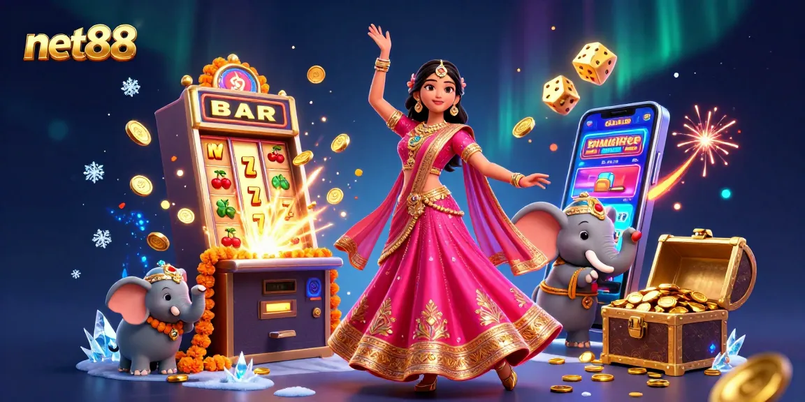 Experience the thrill of net88 with vibrant casino elements and a Bollywood celebration.