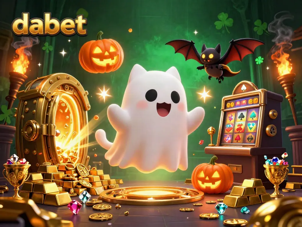 Dabet-themed ghost cat floating through a haunted casino full of treasures, slot machines, and gold