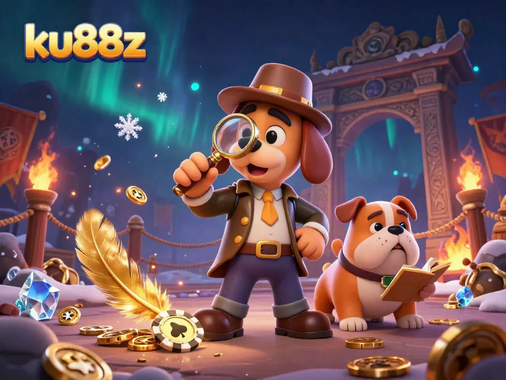 Engage with ku88z's thrilling gambling adventure featuring a detective and his bulldog exploring casino treasures.