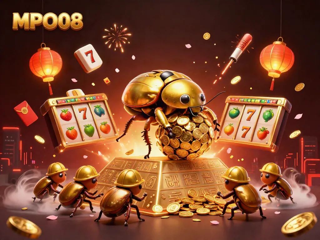 MPO08 showcases a golden dung beetle and friends rolling coins amidst vibrant slot game elements.