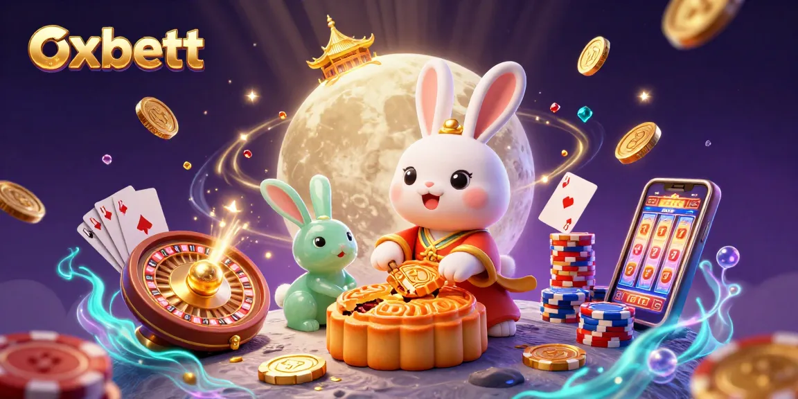 Experience the world of oxbett with a vibrant casino-themed digital illustration featuring playful moon rabbits.