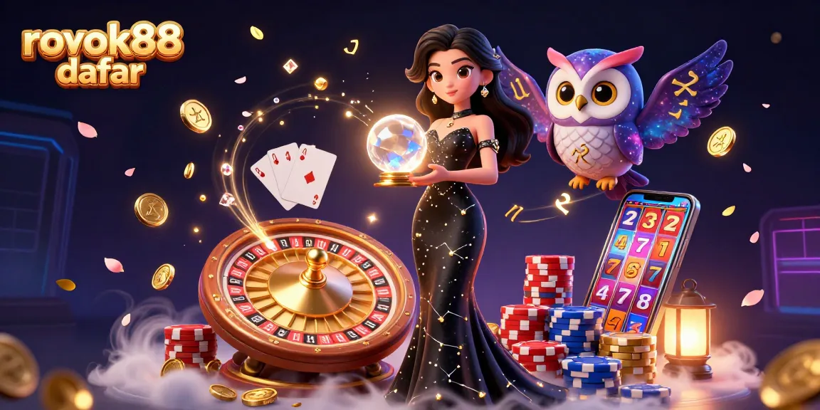 Engage in thrilling gameplay with ROKOK88 daftar, featuring an enchanting scene of a mystical woman, owl, and vibrant casino elements.