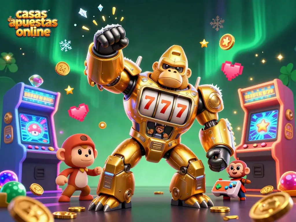 Disfruta de excelentes apuestas en casas de apuestas online con una ilustración vibrante de un mech y elementos de casino.