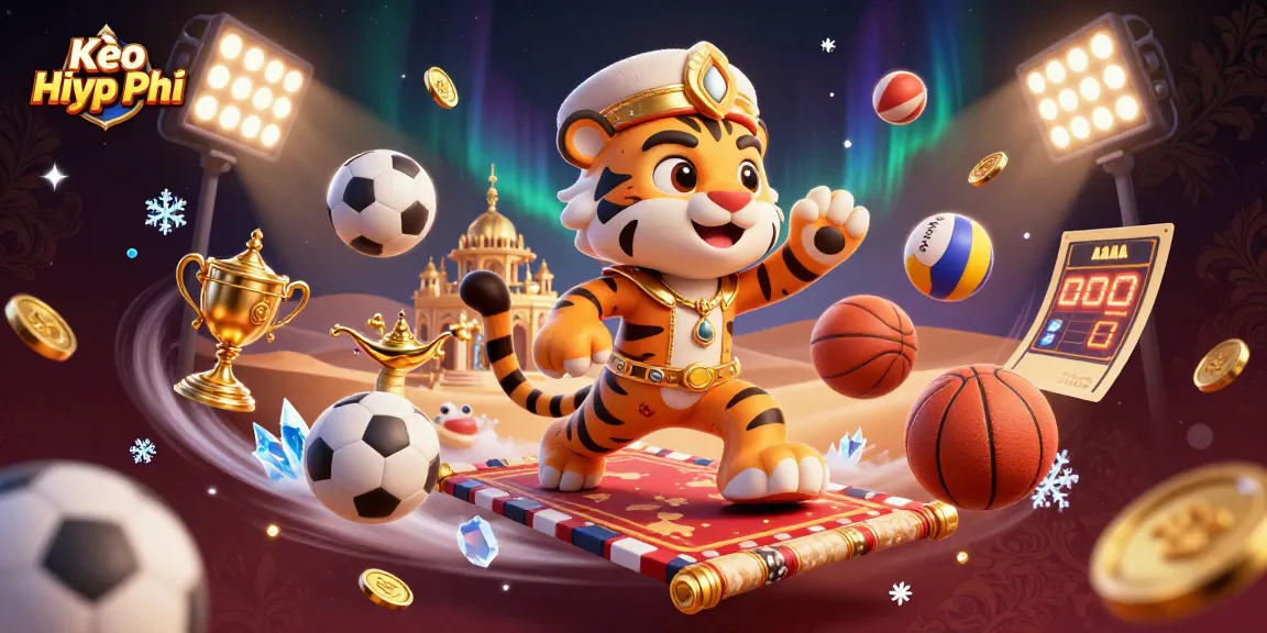 Kèo Hiệp Phụ betting journey with a vibrant Arabian Nights-themed scene full of dynamic sports elements.