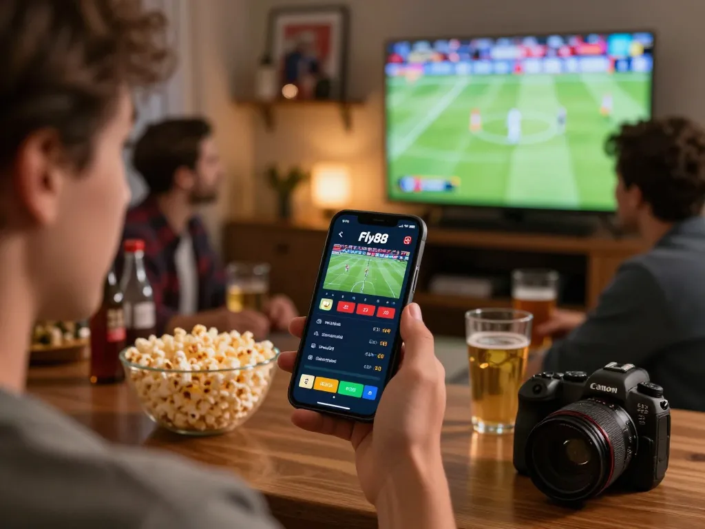 Engaged user with Fly88 đăng ký on their smartphone, tracking live sports bets in a lively social setting.