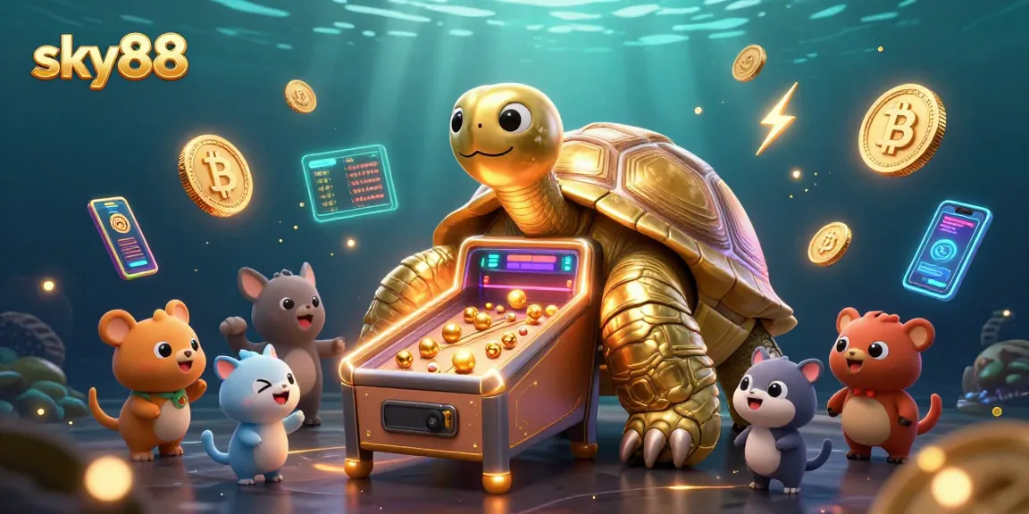 Experience thrilling gaming with sky88's colossal golden tortoise pinball casino in vibrant colors.